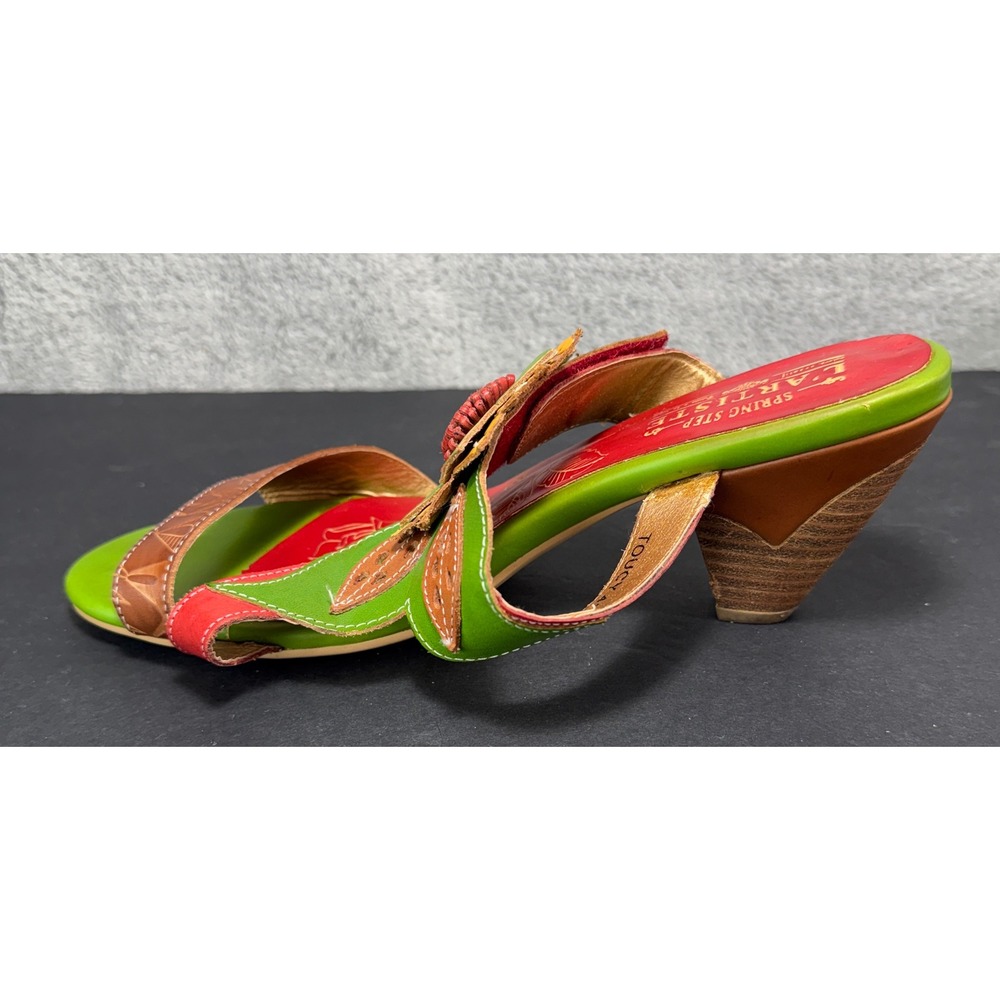 L'Artiste Toucy Heeled Sandals Womens 41 Green Red Leather Floral Boho Slides - Picture 9 of 12